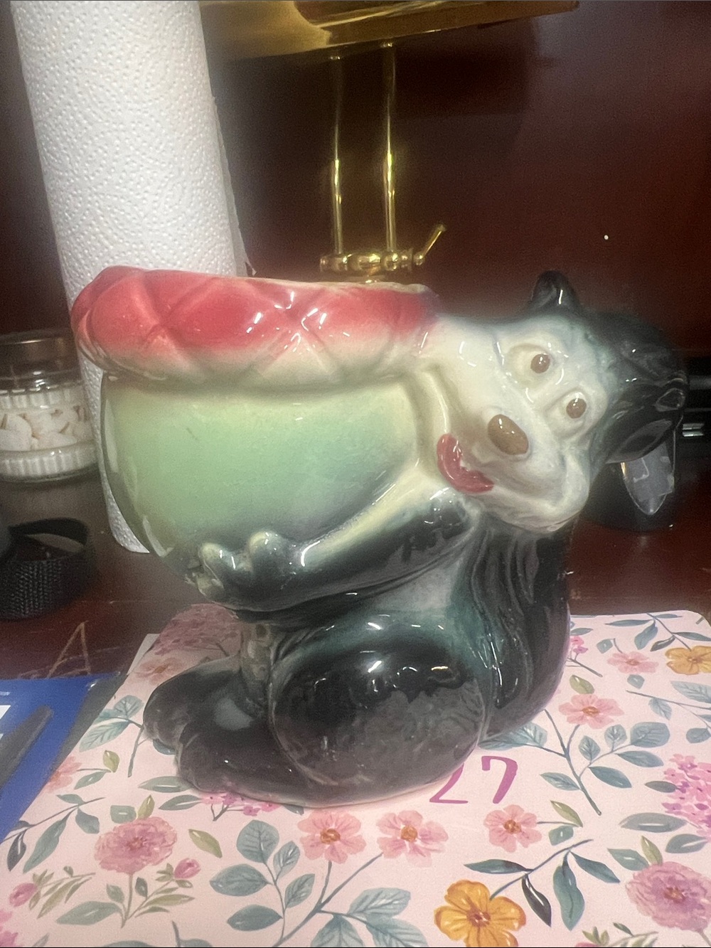 Ceramic squirrel Planter in Green and Black acorn